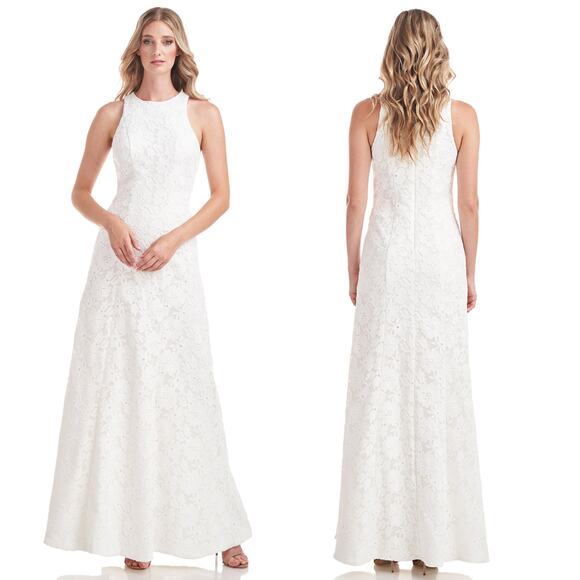 KAY UNGER Maurena White Floral Lace Floral High Neck Gown Size 14 - Picture 1 of 8